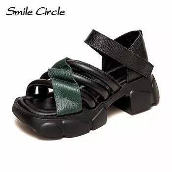 Толстые женские сандалии из натуральной кожи, повседневная обувь в стиле ретро с круглым носком, модная дышащая обувь на толстой подошве 35 чёрный