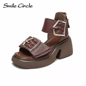 Толстые женские сандалии из натуральной кожи, туфли с толстым дном и пряжкой с круглым носком, дышащая повседневная обувь в стиле ретро 35 коричневый