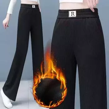 Толстые женские зимние плюшевые утепленные брюки вельветовые термосвободные шаровары с высокой талией повседневные спортивные брюки для холодной погоды M чёрный