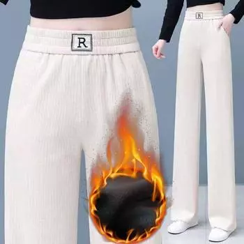 Толстые женские зимние плюшевые утепленные брюки вельветовые термосвободные шаровары с высокой талией повседневные спортивные брюки для холодной погоды M чёрный