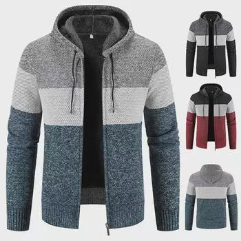 Толстый бархатный молодежный мужской свободный теплый вязаный свитер-кардиган на молнии с капюшоном для осени и зимы Medium темно-синий