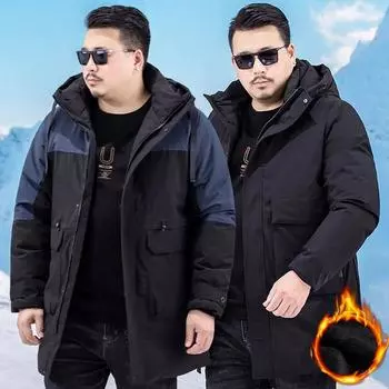 Толстый человек плюс размер 8XL стеганая куртка мужская средней длины стеганая куртка толстая куртка с капюшоном зимняя толстая свободная мужская пуховая куртка 8XL чёрный