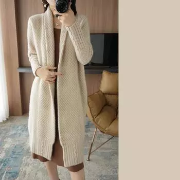 Толстый длинный свитер кардиган пальто женские повседневные свободные трикотажные куртки больших размеров теплые свитера топы 2XL бежевый