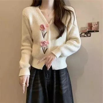 Толстый и нежный короткий вязаный кардиган свитер осенний сладкий трехмерный цветочный розовый топ S