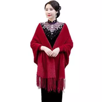 Толстый и теплый свитер-шаль для мамы на осень и зиму в сочетании с атмосферным шарфом средней длины кардиган-плащ one size вино красного