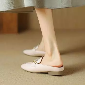 толстый каблук 3 мили, полностью кожаный мешок голова высокие каблуки тапочки средний универсальный низкий каблук полуподдержка летние повседневные крутые одинарные туфли женские 34