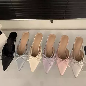 Толстый каблук бант baotou полутапочки сказочные туфли весна и лето 2025 атлас французский темперамент полуподнос одинарные туфли 35 чёрный