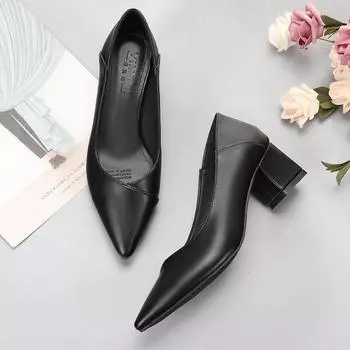 толстый каблук черные туфли на среднем каблуке из кожи рабочая обувь женская обувь одинарные туфли 31 thick heel twill 5CM чёрный