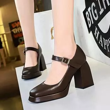 Толстый каблук, квадратный каблук, высокий каблук, водонепроницаемая платформа, квадратный носок, мелкий вырез, пряжка на ремне, прямой ремешок, одинарный ботинок для женщин 35 коричневый