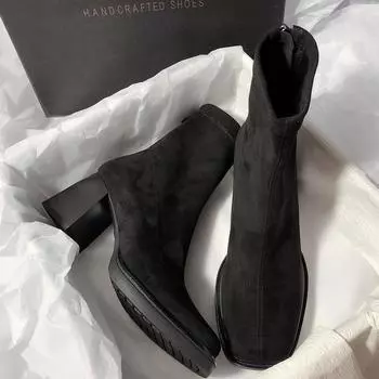 Толстый каблук квадратный нос эластичные сапоги замшевые узкие корейская версия милые пригородные короткие сапоги на молнии женские 35 чёрный