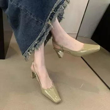 Толстый каблук квадратный нос лакированная кожа сумка голова сандалии Фея Фея летние универсальные квадратный нос высокий каблук пустые одинарные туфли 35 серебряный