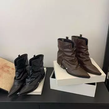 Толстый каблук, остроносые брюки, сапоги, жареные уличные короткие сапоги, женская обувь, весна, осень, лето, коричневые ковбойские сапоги в стиле вестерн 35 коричневый