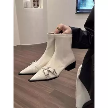 толстый каблук острый темперамент тонкие маленькие короткие ботинки женская обувь 2024 новые весенние и осенние одинарные ботинки черные ботинки Martin 35 чёрный