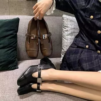 Толстый каблук-платформа женские 2024 новые ретро модные легкие туфли с французской пряжкой на высоком каблуке Мэри Джейн 35 чёрный