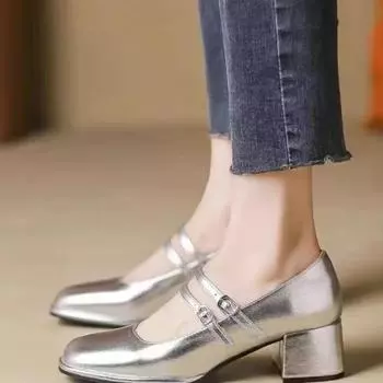 Толстый каблук с квадратным носком и пряжкой, однотонные элегантные женские туфли 2024 года, новые модные туфли на бретельках, удобные женские туфли на высоком каблуке 35 чёрный