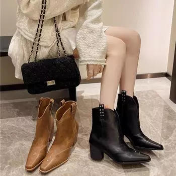 Толстый каблук с острыми заклепками в стиле ретро, ковбойские сапоги в стиле вестерн, модные, темпераментные, дизайн, чувство, штабелируемые, сапоги с V-образным вырезом, рыцарские сапоги INS 35