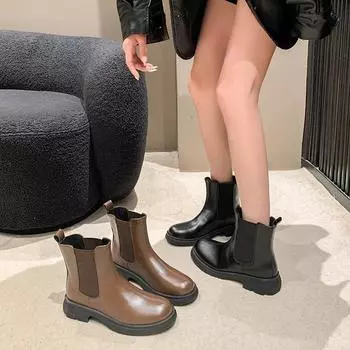 Толстый каблук, толстая подошва, ботинки челси в британском стиле для женщин, зимние новые универсальные ботинки челси с одной педалью для женщин 2024 года 35 чёрный