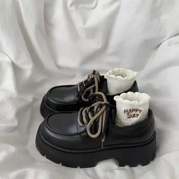 Толстый каблук, толстая подошва, повышенная шнуровка, черные кожаные туфли, женские универсальные туфли в британском стиле в стиле ретро 35