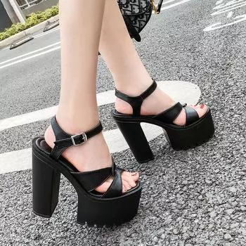 Толстый каблук, толстая подошва, римские сандалии, женские, 15 см, черные, для подиума, для ночного клуба, для сцены, с пряжкой, высокие каблуки, европейские и американские 626-2 35 чёрный