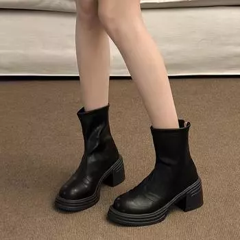 Толстый каблук, толстая подошва, высокие каблуки, короткие сапоги, женские, осень-зима 2025 года, британский стиль, круглый нос, толстый каблук, эластичные тонкие сапоги 35 чёрный