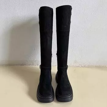 толстый каблук толстая подошва замшевые рыцарские сапоги женские 2024 новые зарубежные модные сапоги боковая молния тонкие эластичные сапоги прилив 35 чёрный