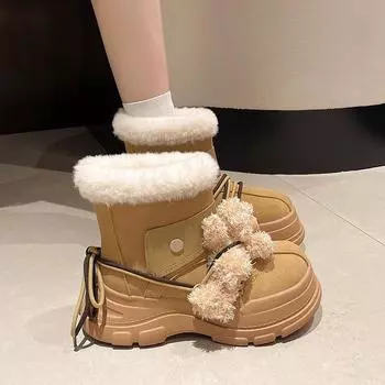 толстый каблук толстая подошва зимние ботинки женские меховые интегрированные флисовые северо-восточные большие хлопковые ботинки милый медведь модные и удобные большие сапоги 35 верблюд