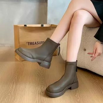Толстый каблук тонкий ретро флис эластичные тонкие сапоги женские 2024 осень новые круглые носы толстая подошва короткие сапоги в британском стиле 35 чёрный