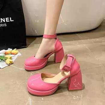 толстый каблук туфли на высоком каблуке сандалии женская обувь сумка ремешок на голову полые одинарные туфли лакированная кожа дышащий ремень пряжка толстый каблук модные сандалии 35 розовый