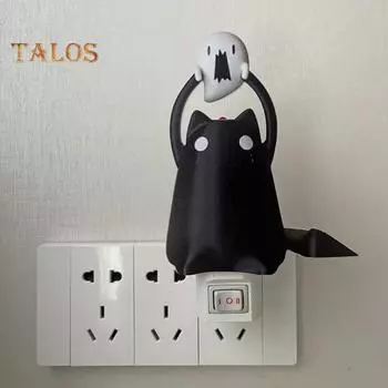 Толстый кот держит лампу-призрак, статуэтка кошки на Хэллоуин, светодиодный ночник, фигурка котенка для украшения комнаты на Хэллоуин US Plug Cat