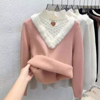 Толстый кружевной свитер для женщин, осенне-зимняя новая рубашка с коротким рукавом и высоким воротником, интегрированный бархатный вязаный топ с длинными рукавами L белый