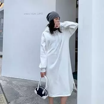 Толстый ММ большой размер 150 кг свитер с капюшоном женский новый бархатный утолщенный длинный колено свободное платье для женщин M 80-50 kg