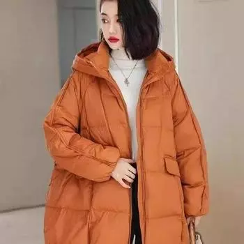Толстый мм большой размер пуховик женская одежда зима новый белый утиный пух куртка утолщенная теплая средняя и длинная тонкая куртка M recommends 90-62.5 kg оранжевый