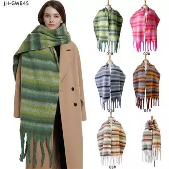 Толстый полосатый шарф из пряжи, модный теплый женский утолщенный круглый плетеный платок с кисточками, шаль 215*40cm