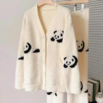 Толстый пушистый фланелевый кардиган брючный костюм осень-зима плюшевая женская пижама 2 шт. комплект одежды для сна домашняя одежда с рисунком панды домашняя одежда One Size бежевый