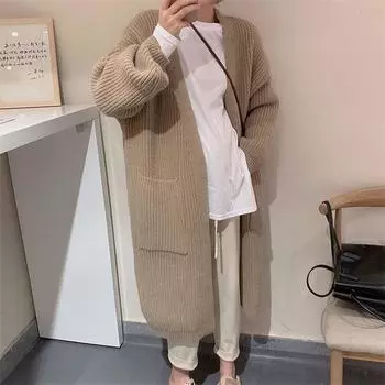 Толстый шерстяной свитер женский свободный ленивый ветер в длинном кардигане женский осень и зима простой большой карман вязаный жакет удобный универсальный One size темно-синий