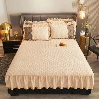 Толстый стеганый бархатный наматрасник 140x200 с эластичным ремнем Queen King, простыня с рюшами, юбка, мягкая наматрасница для кровати Only 2pcs pillowcase бежевый