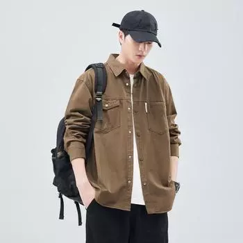 Толстый стираный хлопок японский ретро модный бренд свободная повседневная рубашка куртка коричневый темно-серый черный M чёрный