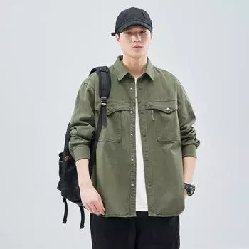 Толстый стираный хлопок японский ретро модный бренд свободная повседневная рубашка куртка темно-серый армейский зеленый ююба M армия зеленый