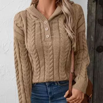 Толстый свитер с капюшоном для женщин, осенне-зимний ретро-свитер с пуговицами и переплетением, женский XL розовый