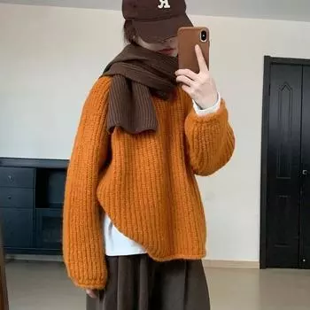 Толстый свитер в ленивом стиле с фигурными краями, осенне-зимний новый женский свободный и утягивающий корейский вязаный свитер с круглым вырезом One Size розовый