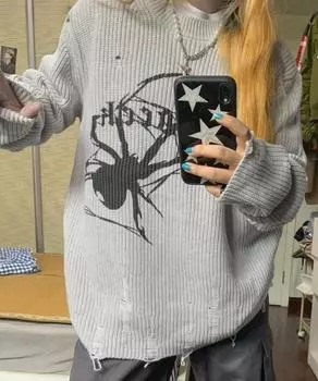 Толстый свитер в стиле Харадзюку с принтом паука, женский готический винтажный рваный джемпер в стиле гранж Y2k, уличная одежда, корейский пуловер оверсайз в стиле хип-хоп M серый
