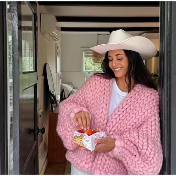 Толстый трикотажный женский кардиган с длинным рукавом, элегантный однотонный повседневный свитер, осенне-зимнее свободное короткое шикарное пальто S розы красного