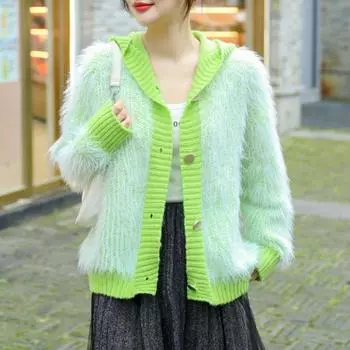 Толстый вязаный кардиган из мохера, женский свитер с нечетким v-образным вырезом и капюшоном, с длинными рукавами, свободная верхняя одежда, зимний свитер