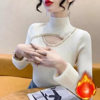 Толстый вязаный свитер с добавлением бархата, полувысокий ворот, осенне-зимний ажурный трикотажный низ, дизайн верха S