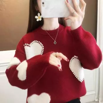 Толстый вязаный свитер в студенческом стиле для женской осенне-зимней одежды. Корейская свободная нижняя часть рубашки. S красный
