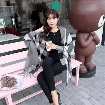 Толстый женский клетчатый вязаный свитер, мягкая шаль для девочки, кардиганы, осенние и зимние наряды one size серый