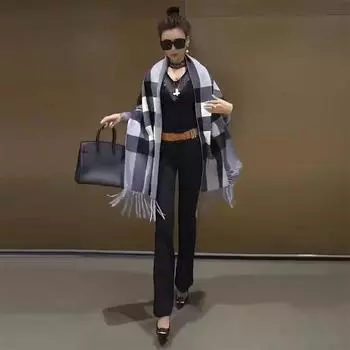 Толстый женский повседневный свитер-накидка, клетчатый кардиган-шаль для осенних и зимних нарядов one size серый