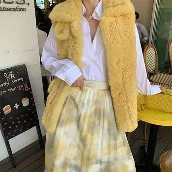 Толстый женский жилет из искусственного меха и овечьей шерсти идеально подходит для студентов M жёлтый