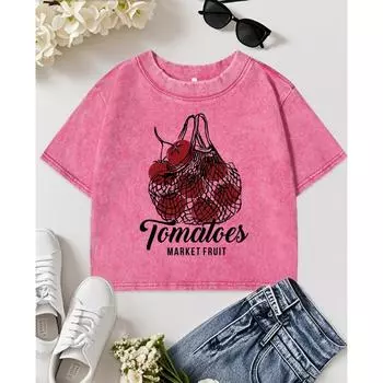 Tomatoes Market Fruit Printing Washed T Shirts Women Slim Casual T-Shirt Fitness Y2K Clothing Woman Short Sleeve M