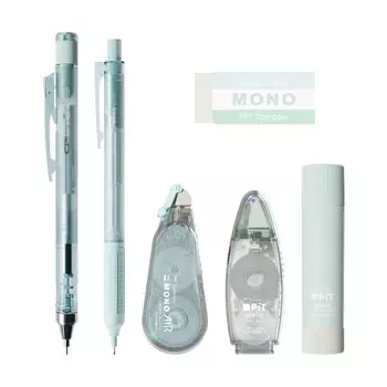 Tombow Pencil MONO x PiT Stationery Set Pastel Glass Blue 6 Piece Set Pencil x 2 Eraser Glue Stick Correction Tape Glue (Mechanical 0.5mm Tape)